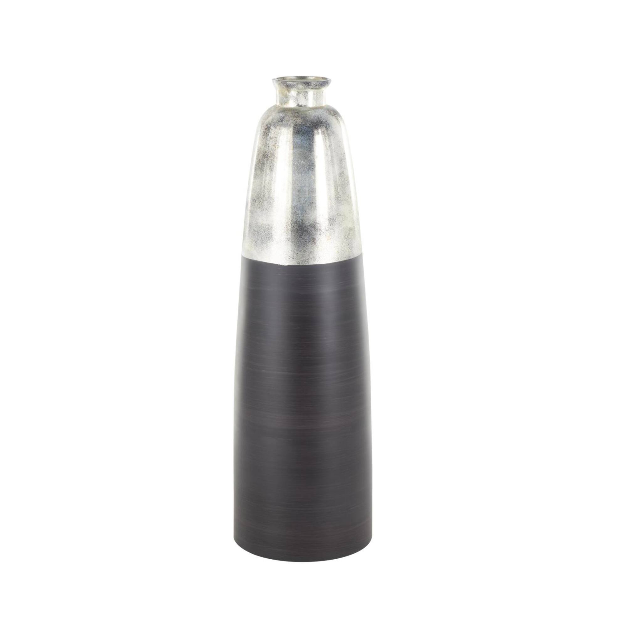 34" Black Glass Brushed Two-Toned Floor Vase with Textured Silver Top